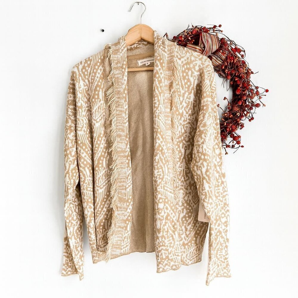 Lucky Brand Women's Shawl Fringe Collar Open Front Knit Cardigan MEDIUM Tan